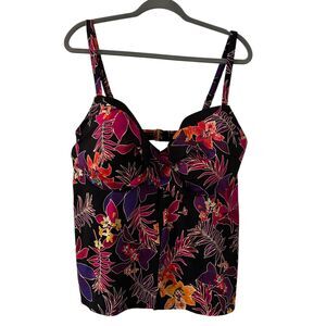 Swimsuits For All Black Floral One-Piece with Red Purple Orange Accents